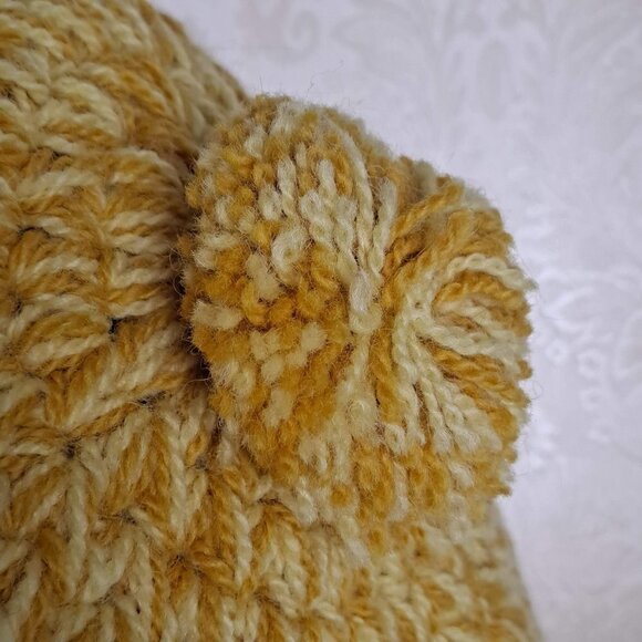 Yellow and White Crocheted Beret with PomPom Hat Cap Winter - Picture 3 of 6